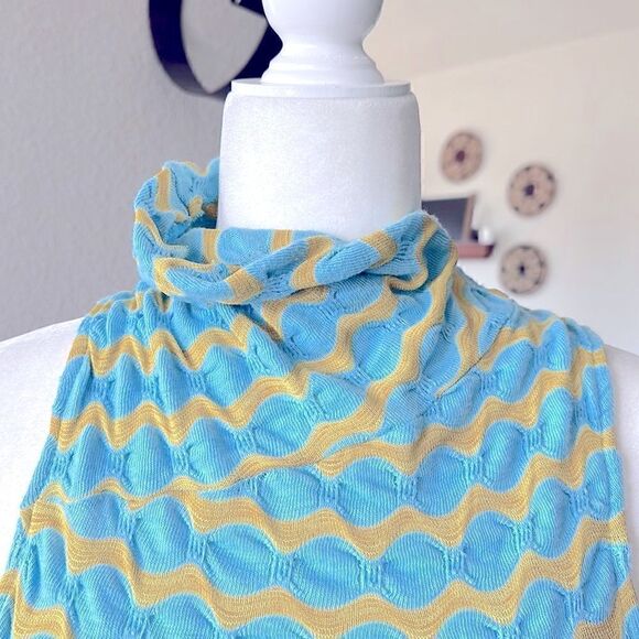 NWOT Free People Mock Neck Sleeveless Wavy Stripes Blue Mustard Tank Racer Back - Picture 7 of 11